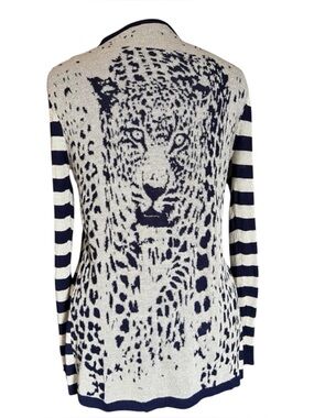 Y2K Statement Leopard Graphic Cardigan Navy & Cream With Shimmer Longline Stripe